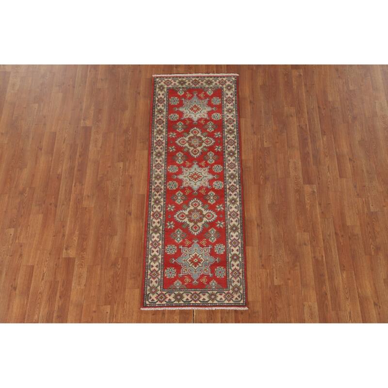 Geometric Kazak Runner Rug Hand-Knotted Traditional Red Wool Carpet - 2'1" x 5'10"