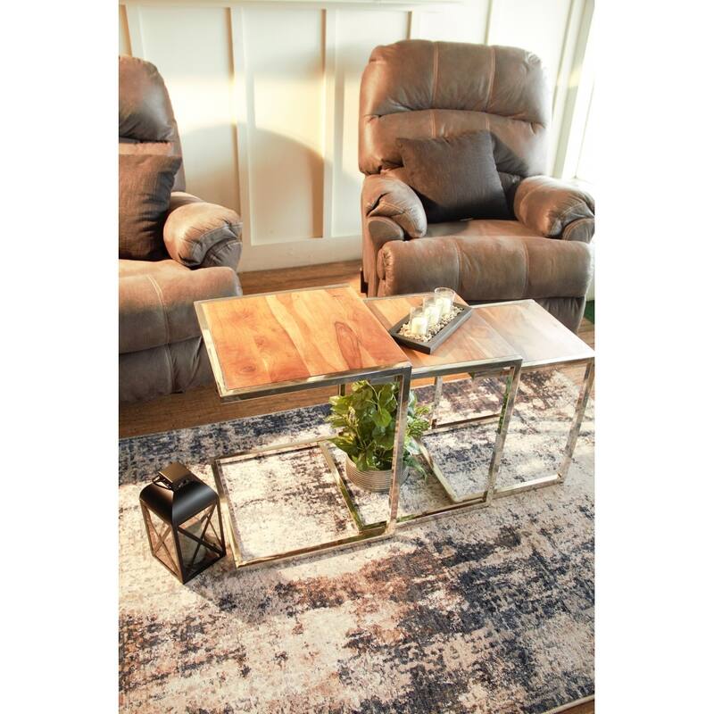 Set of 3 Contemporary Gold Finish C-Shaped Nesting End Tables with Solid Mango Wood Tops & Steel Sled Bases for Living Room