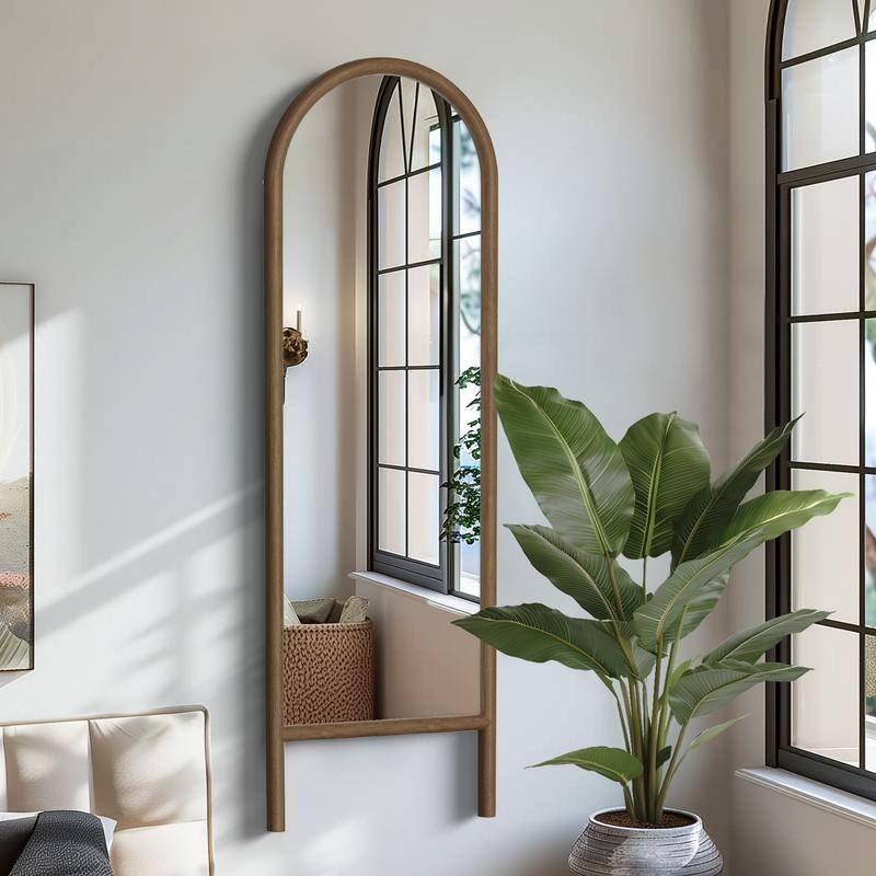 Ladder-Style Arched Solid Wood Framed Full Length Leaning Mirror