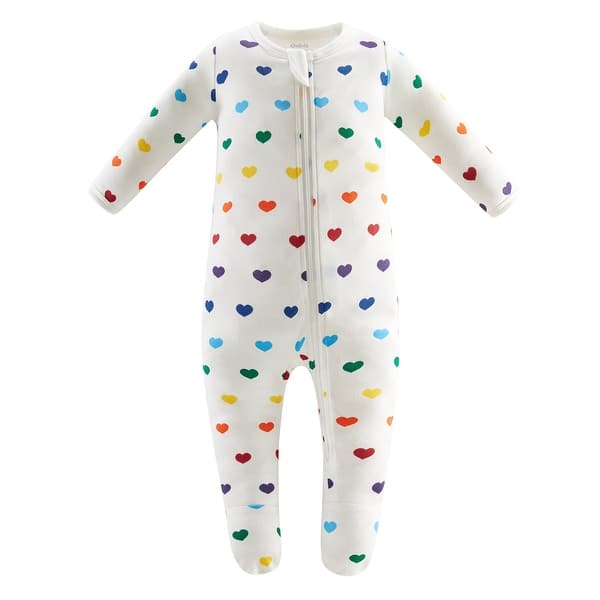 slide 2 of 3, 100% Organic Cotton Zip Footed Pajamas - Rainbow Hearts 0-3 Months