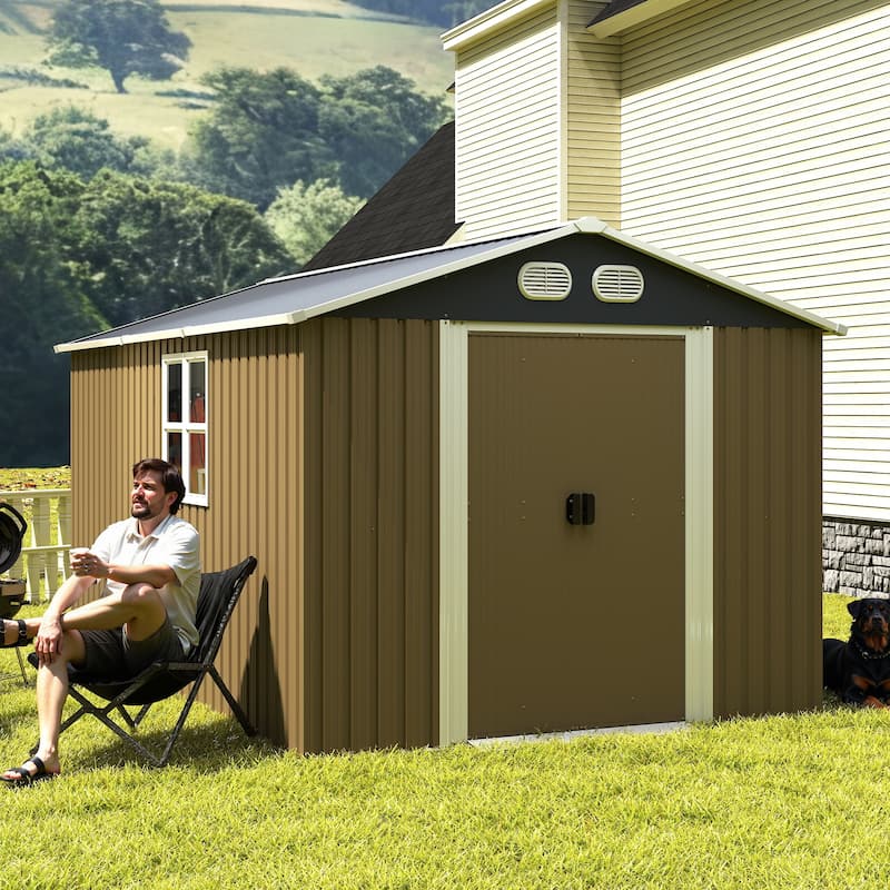 8x12 FT Outdoor Metal Storage Shed, Large Storage Sheds with Sturdy Frame Structure, Metal Garden Tool Shed with Lockable Door - Brown