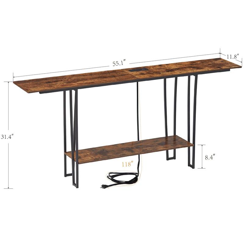 Industrial Rectangular Console Table with 2 Outlet and 2 USB Charging Ports