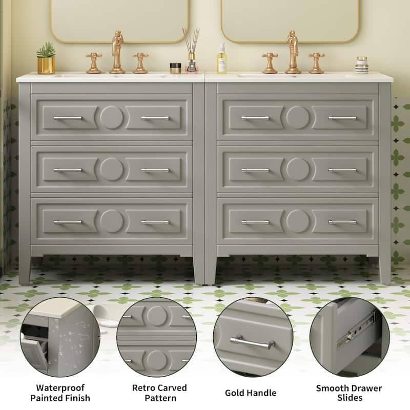 60 Inch Bathroom Vanity with Sink, Solid Wood Cabinet with Ceramic Basin, 3-Drawer Retro Style Storage