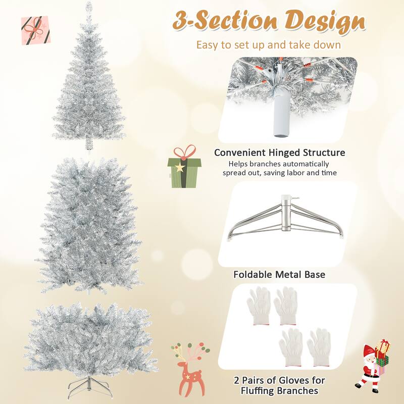 Gymax 7 FT Pre-lit Artificial Silver Tinsel Christmas Tree Slim Pencil