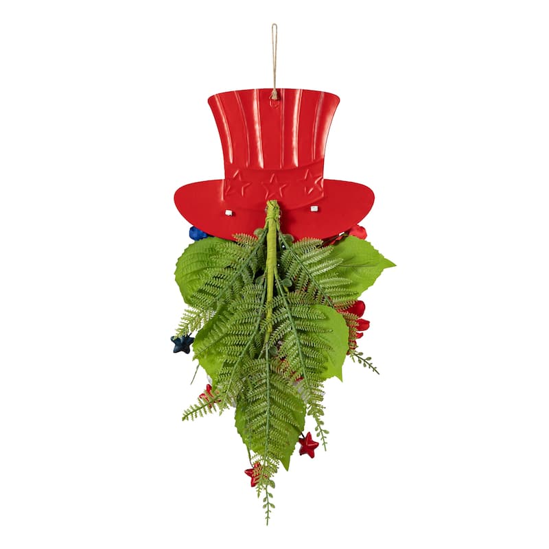 Glitzhome 22.5"H Patriotic July 4th Metal Top Hat & Hydrangea Swag Wall Decor