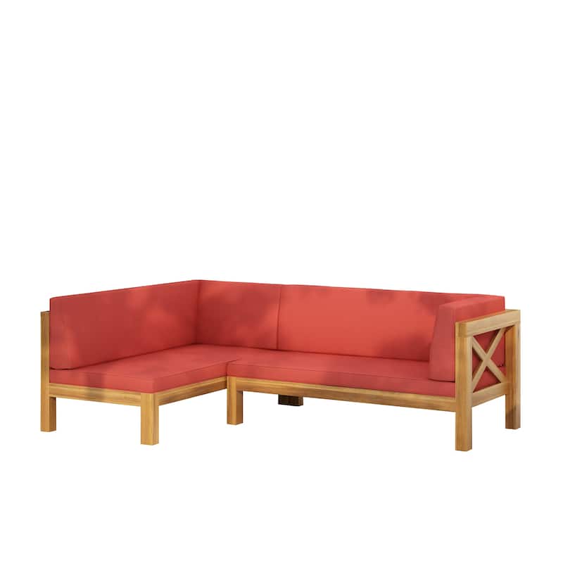 Roomfitters Outdoor Sectional Sofa Left Corner Bench with X-Back Acacia Wood Frame and Cushions - Red,Teak