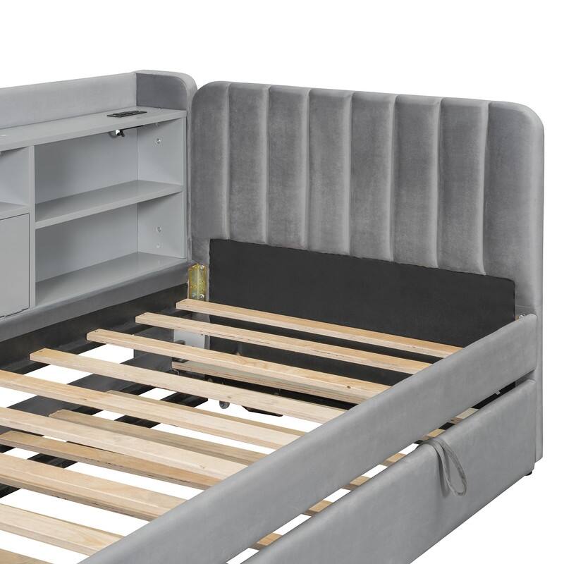 Twin Size Velvet Upholstered Daybed with Trundle, Storage Shelves, USB & Outlet
