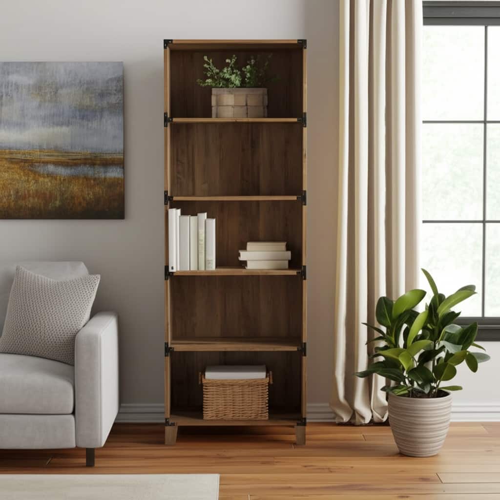 HomeRoots 71" Oak Distressed Wood Five Tier Etagere Bookcase