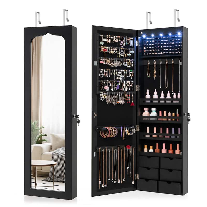 Gymax Wall Door Mounted LED Mirror Jewelry Cabinet Lockable Armoire - Black