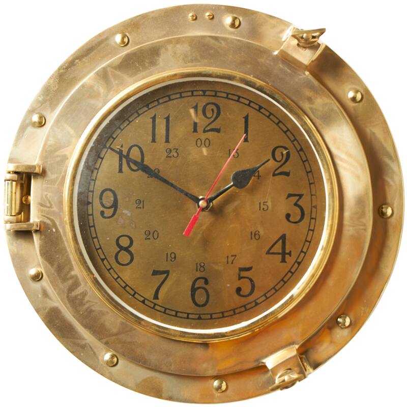 Metal Nautical Small Port Hole Wall Clock - Gold - Roche River Decor - 12"W x 12"L x 3"H
