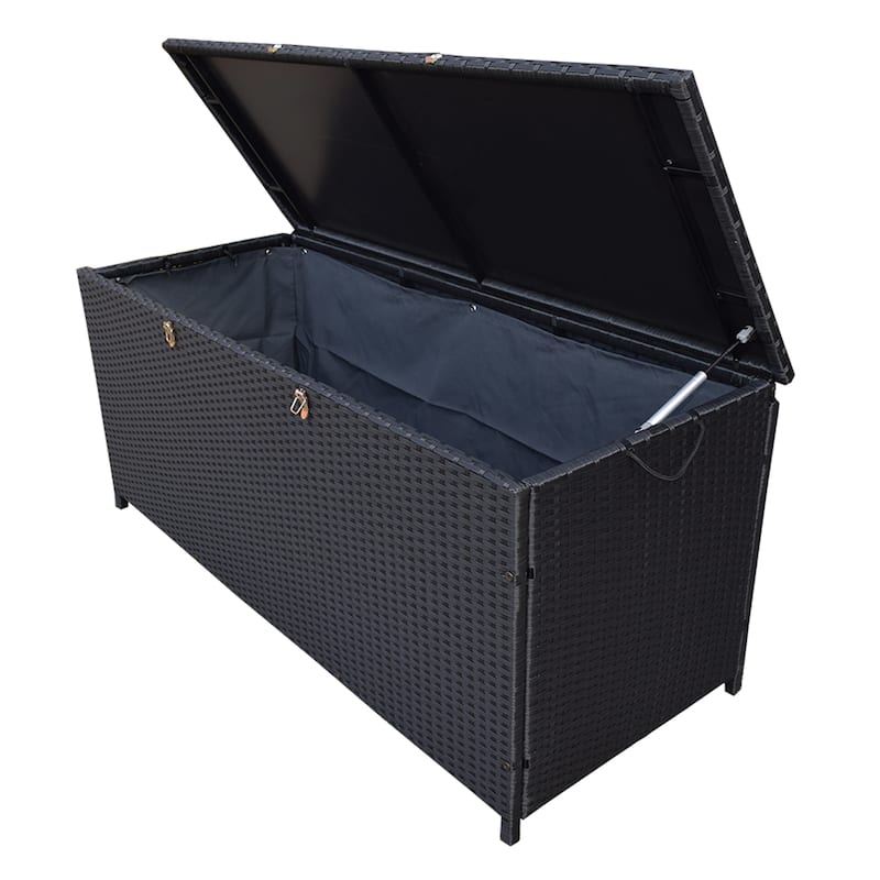 Indoor and Outdoor Balcony Patio Deck Porch Pool 113 Gallon Wicker Storage Box Trunk Bin with Metal Frame - N/A - Black