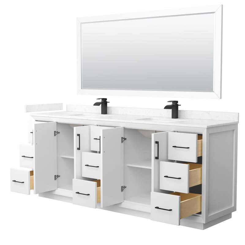 Strada 84-Inch Double Vanity Set, Cultured Marble Top, 70-Inch Mirror