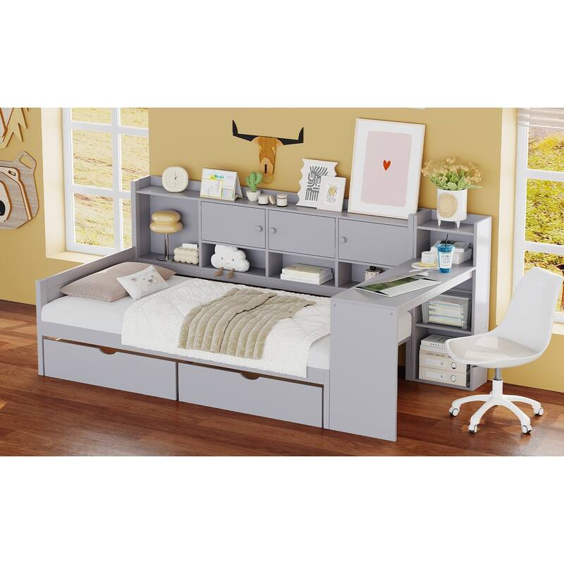 Twin Size Wood Daybed with L-Shape Design and 3 Cabinets, 2 Drawers and Built-in Study Desk