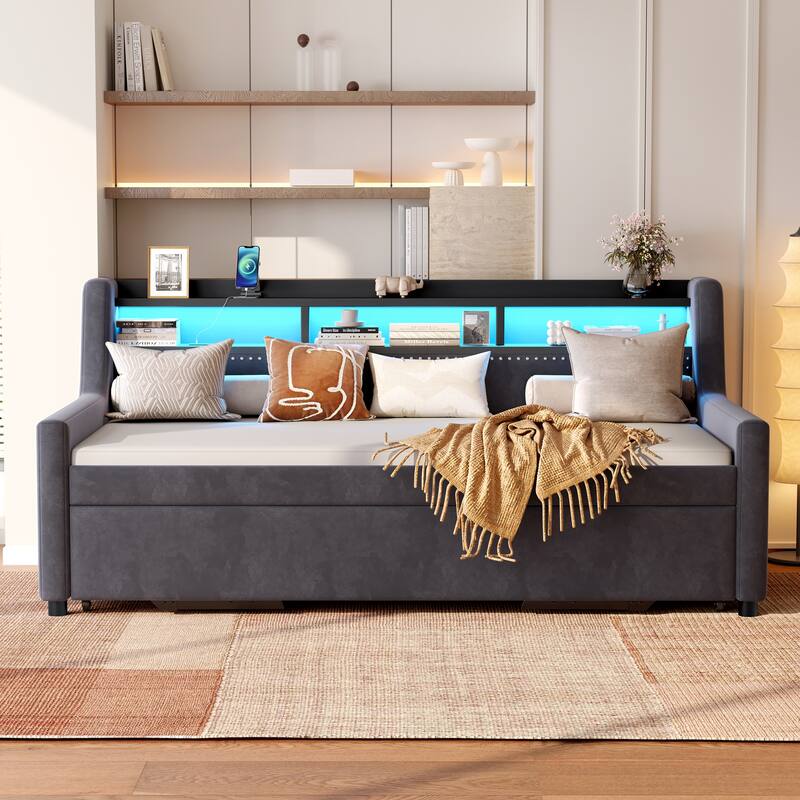 GDFStudio - Modern Velvet Upholstered Corner Daybed with Roll-Out Trundle, Adjustable LED Lighting & Charging Station