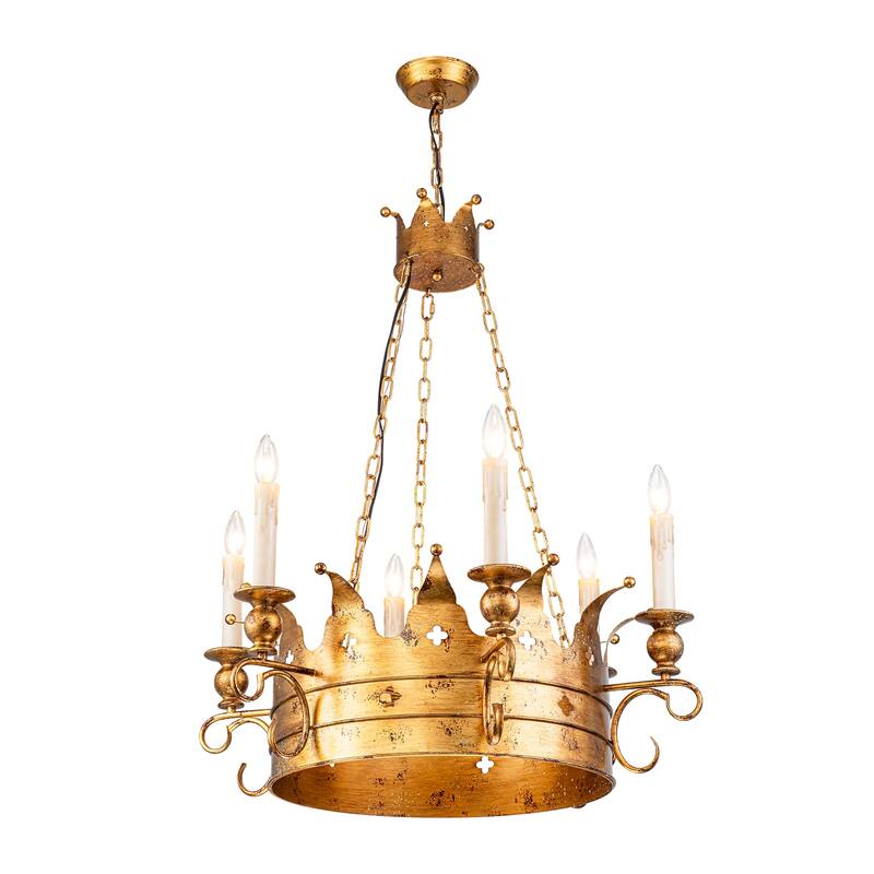 6-Light Luxury Retro Antique Gold Crown Metal Hanging Light Chandelier for Hallways,Living Room