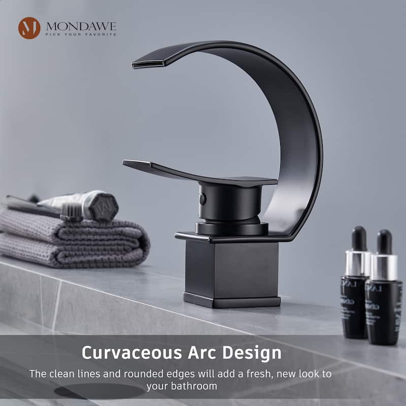 Mondawe Luxury C-Shape Arc Waterfall Spout Single Handle 8 inch Widespread Bathroom Sink Faucet With Pop-up Drain in Matte Black