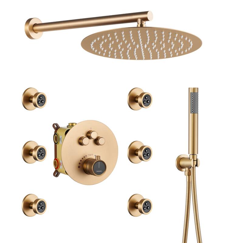 CASAINC 3-function Luxury Thermostatic Dual Shower Faucet Shower System with 6 Body Spray Jets - Brushed Gold