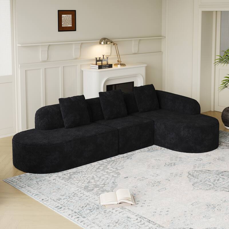 Curved Modular Sofa with Chaise Lounge, Full Compression Upholstered Boneless Sofa, Corner 3 Seater Sofa with 3 Pillows