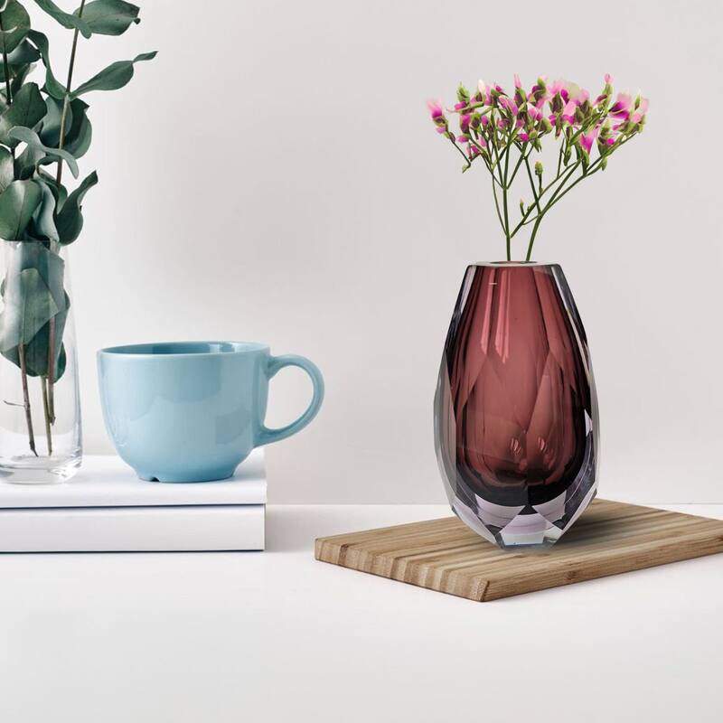 Plum Purple 6" Art Deco Cut Glass Squat Oval Vase for Modern Decor