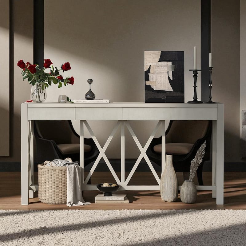 60'' Acacia Veneer Console Table with 4 Drawers and Open Shelf, Farmhouse Entryway Table with Cross Legs - Beige