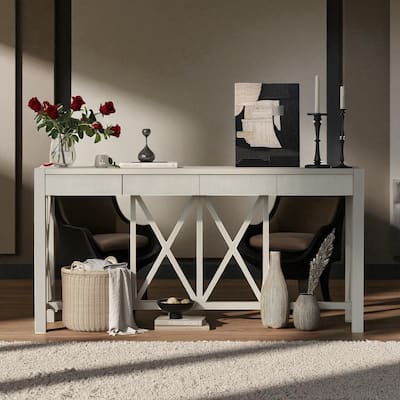 60'' Acacia Veneer Console Table with 4 Drawers and Open Shelf, Farmhouse Entryway Table with Cross Legs