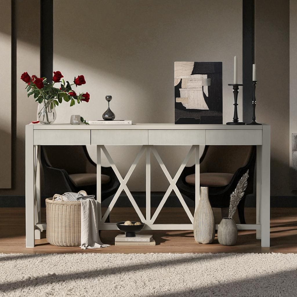 60'' Acacia Veneer Console Table with 4 Drawers and Open Shelf, Farmhouse Entryway Table with Cross Legs