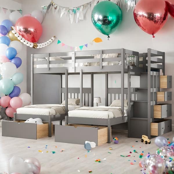 slide 2 of 20, Modern Full Over Twin&Twin Triple Bunk Bed with Drawers and Guardrails,Solid Construction for Kids Grey