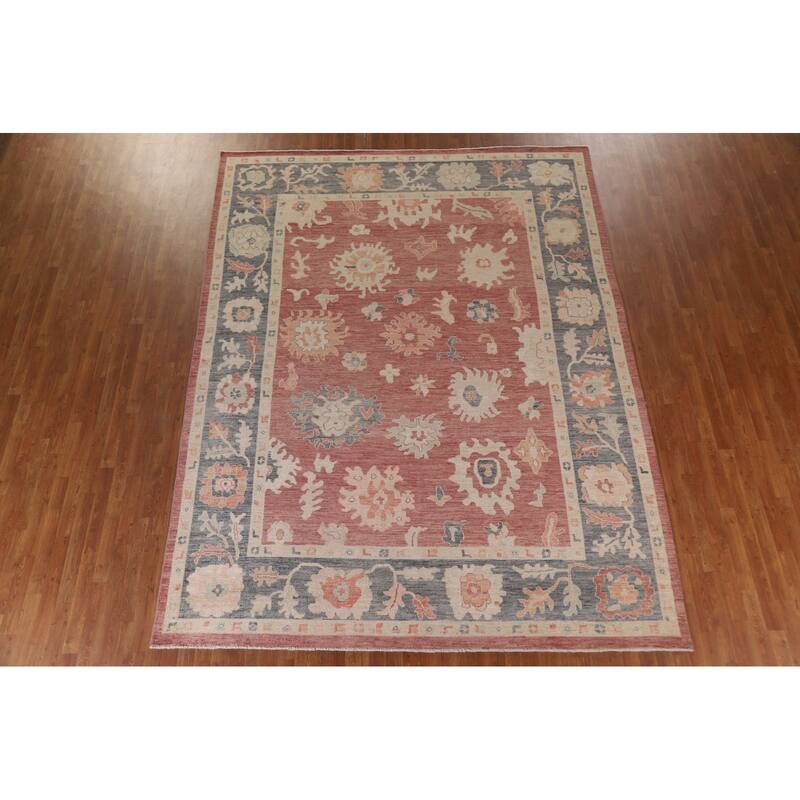 Floral Red Oushak Turkish Area Rug Hand-knotted Wool Carpet - 8'11" x 11'10"