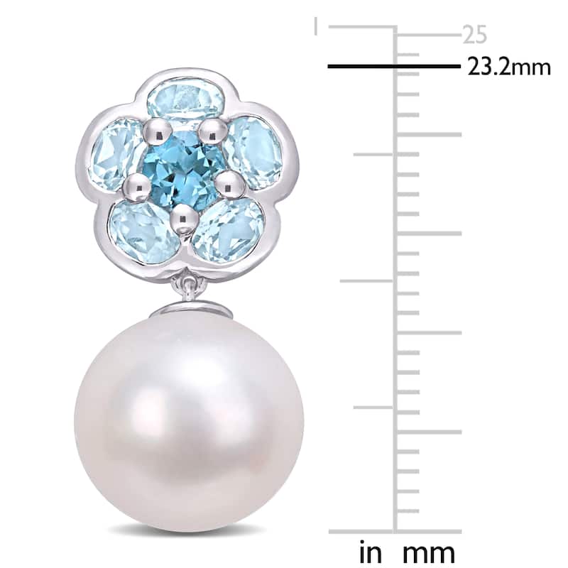 Miadora Sterling Silver Cultured Freshwater Pearl & Blue Topaz Floral Drop Earrings (11-12mm) - 23.2 mm x 11.4 mm x 11.4 mm