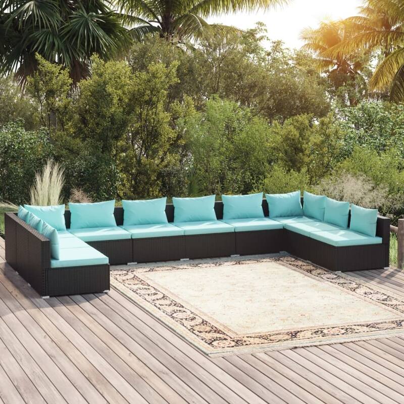 vidaXL Patio Lounge Set Outdoor Sectional Sofa Set Table Garden Poly Rattan - 27.6" x 27.6" x 23.8" - Black/Water blue 10 x Seat cushion