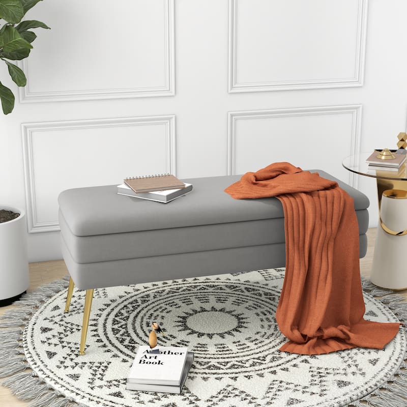 Velvet Storage Ottoman Bench with Metal Legs - Grey