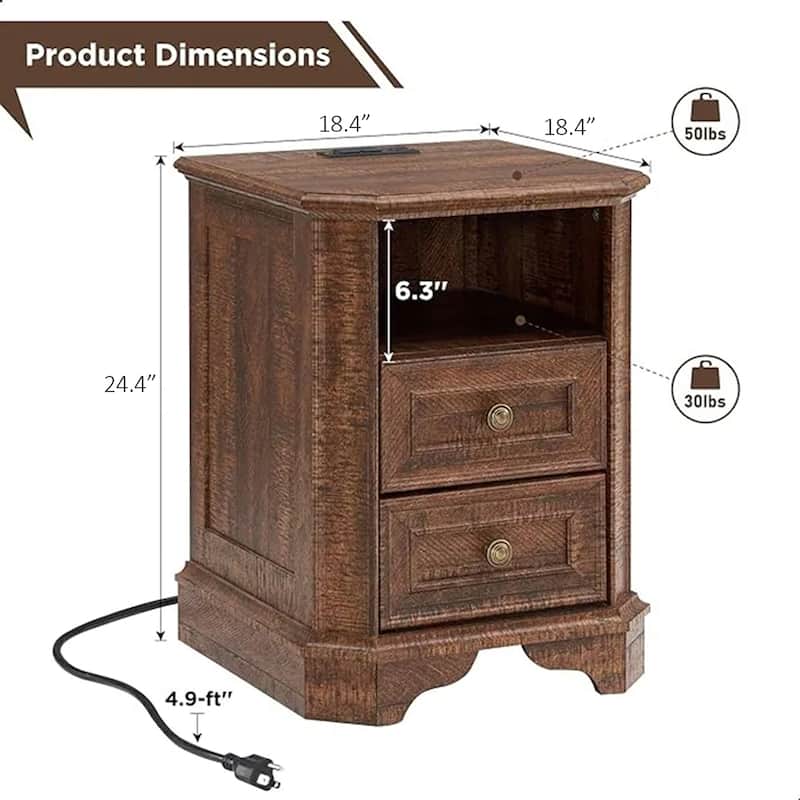 18" Farmhouse Nightstand with Charging Station, End Table,Side Table