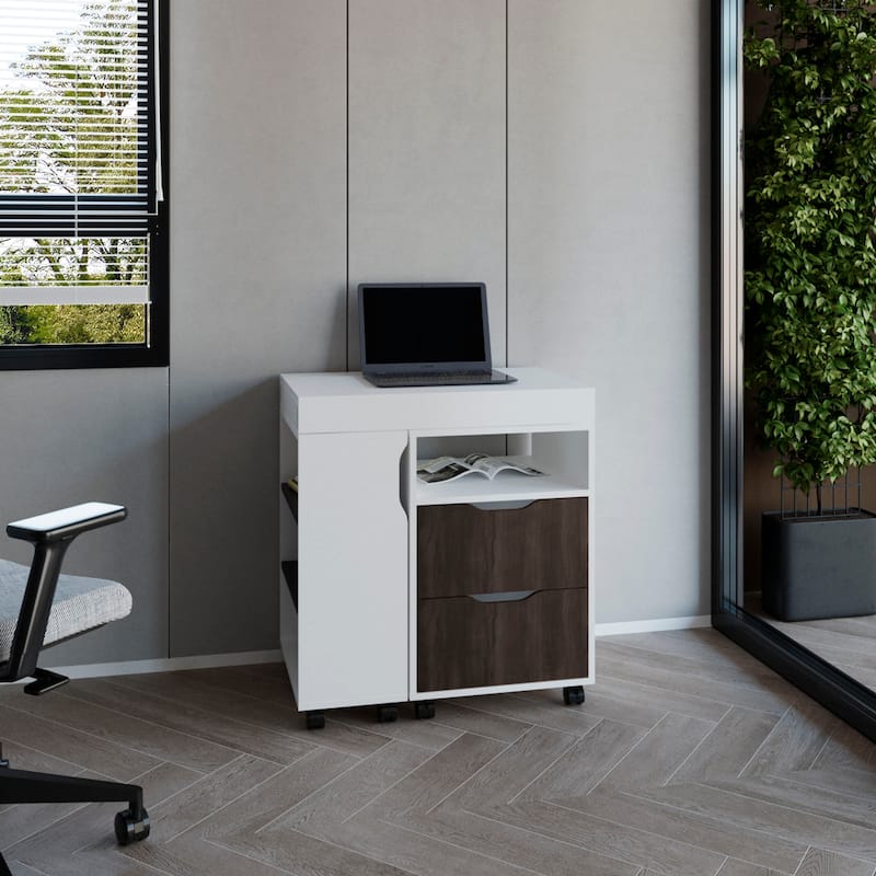 GDFStudio - Ava Extendable Desk with 2 Drawers, 4 Shelves, and Mobile Wheels - White - 2 Drawers