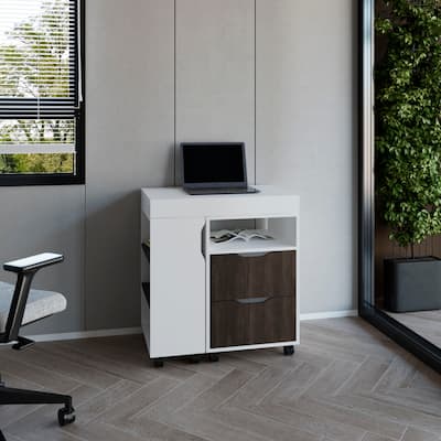 GDFStudio - Ava Extendable Desk with 2 Drawers, 4 Shelves, and Mobile Wheels