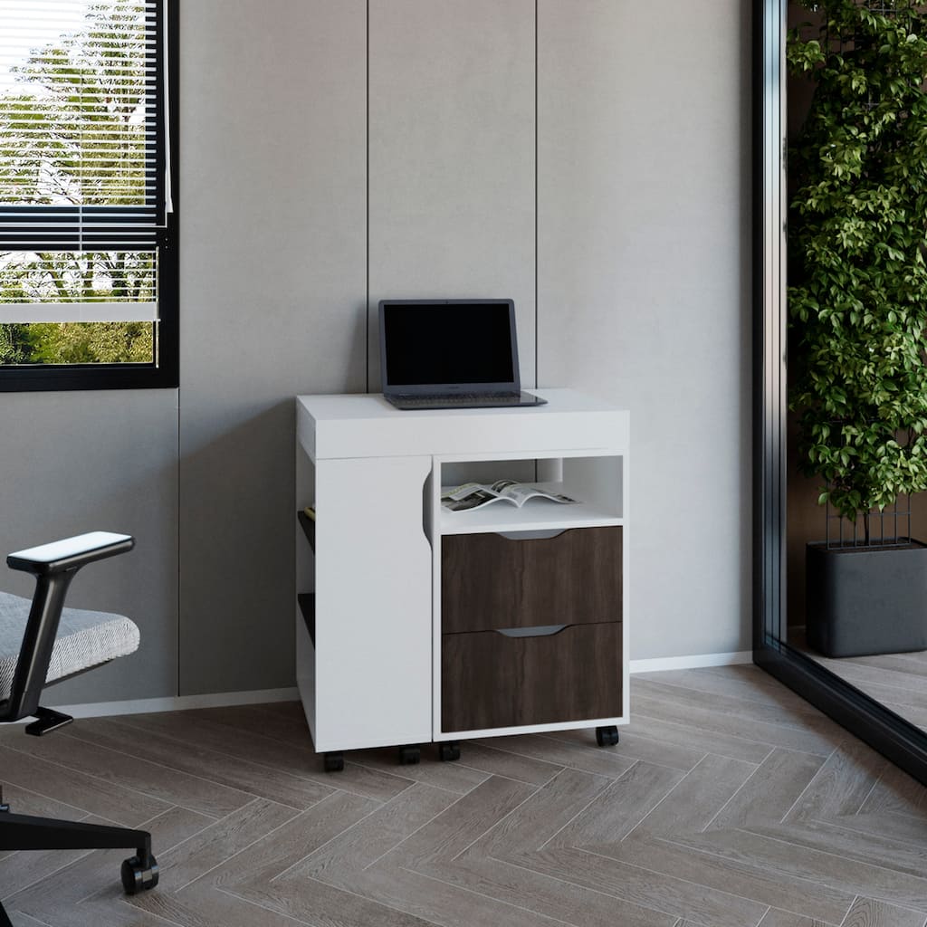GDFStudio - Ava Extendable Desk with 2 Drawers, 4 Shelves, and Mobile Wheels