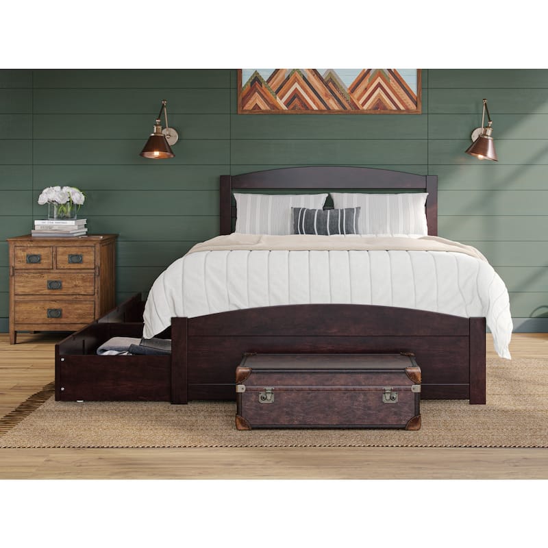 Solid Wood Platform Bed with Footboard & Drawers - Full Size Espresso - Underbed Storage & Charging Station
