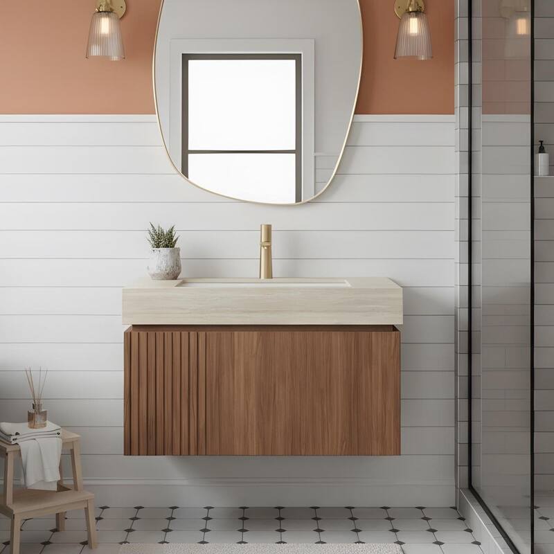 Mondern Floating Bathroom Vanity with 1 Pre-drilled Faucet Holes - 30 - Brown Oak