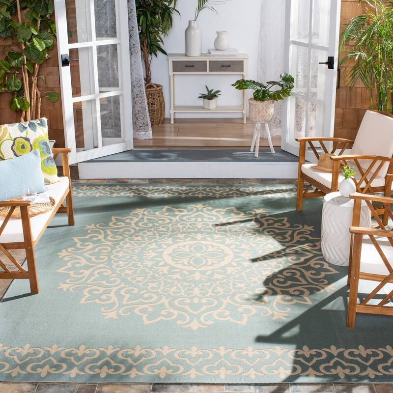 SAFAVIEH Beach House Angelien Indoor/ Outdoor Waterproof Patio Backyard Rug - 9' x 12' - Cream/Aqua
