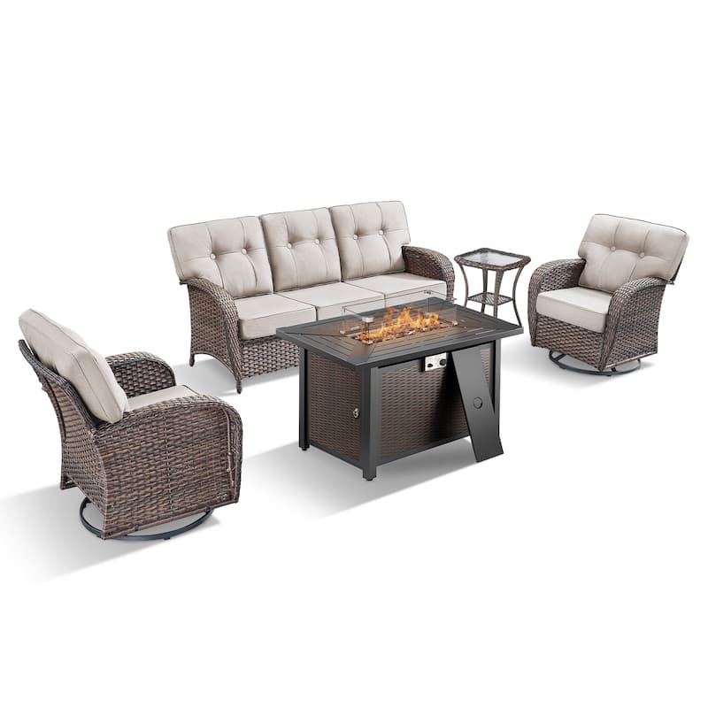 TWrap Wicker Patio Iron Fire Pit Conversation Set with 3-Seat Sofa & Swivel Gliders
