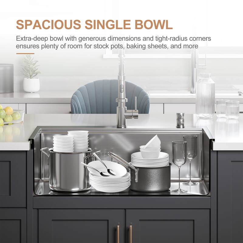 HOROW Drop-in Stainless Steel 33 in. Workstation Ledge Topmount Kitchen Sink 18-Gauge 2-Hole Single Bowl with Integrated Ledge