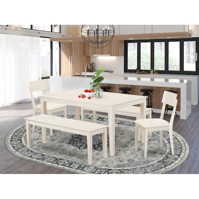 HomeStock 5-Piece Rectangle Linen White Finish Solid Wood Top Dining Table with 2 Benches, 2 Chairs with Lattice Back