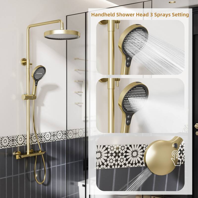 Modland 3-Function 11" Rainfall Shower System, Adjustable Slide Bar, 1.59GPM, Brushed Gold/Chrome