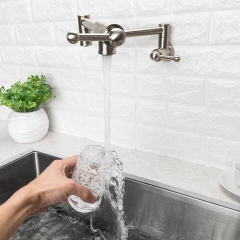 Lordear Pot Filler Wall Mount Kitchen Faucet Stainless Steel Folding Double Joint Swing Arm Faucet Single Hole Two Handle