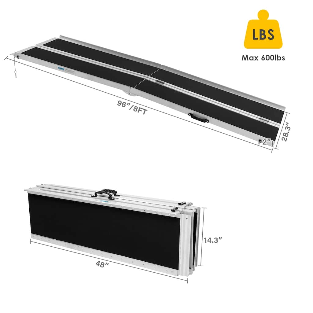 8FT Non-Skid Traction Folding Aluminum Wheelchair Ramp Scooter Mobility Handicap Ramps for Home Steps, Suitcase with Handle