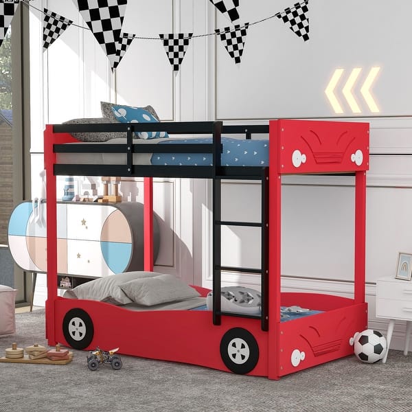 slide 2 of 9, Modern Style Twin Size Car-Shaped Bunk Bed with Wheels Red