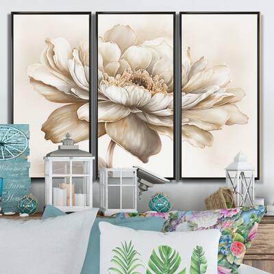 Designart "Indigold Beige Flower I" Floral Framed Canvas Art Print - 3 Panels