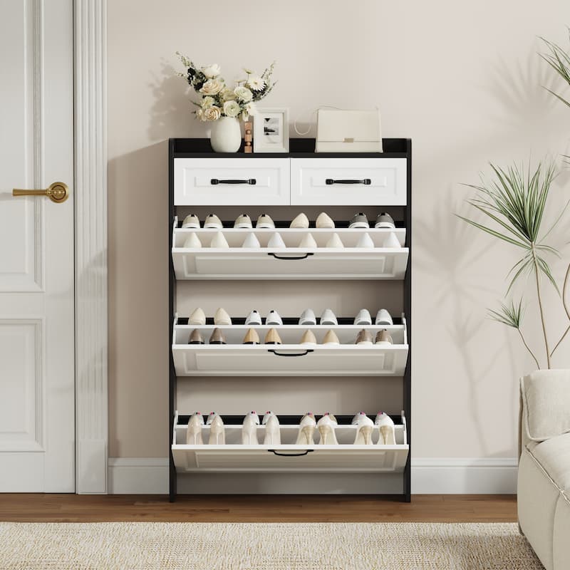 Black Shoe Storage Cabinet - 3-Door & 2-Drawer Design with PVC Decorative Panels‌