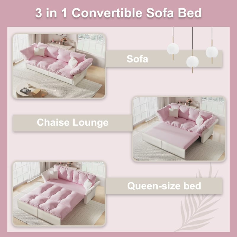 74.8" Queen Pull Out Sofa Bed, 3-in-1 Convertible Sleeper Tufted Sofa with 2 Soft Pillows,Multi-Functional Velvet Loveseat Bed