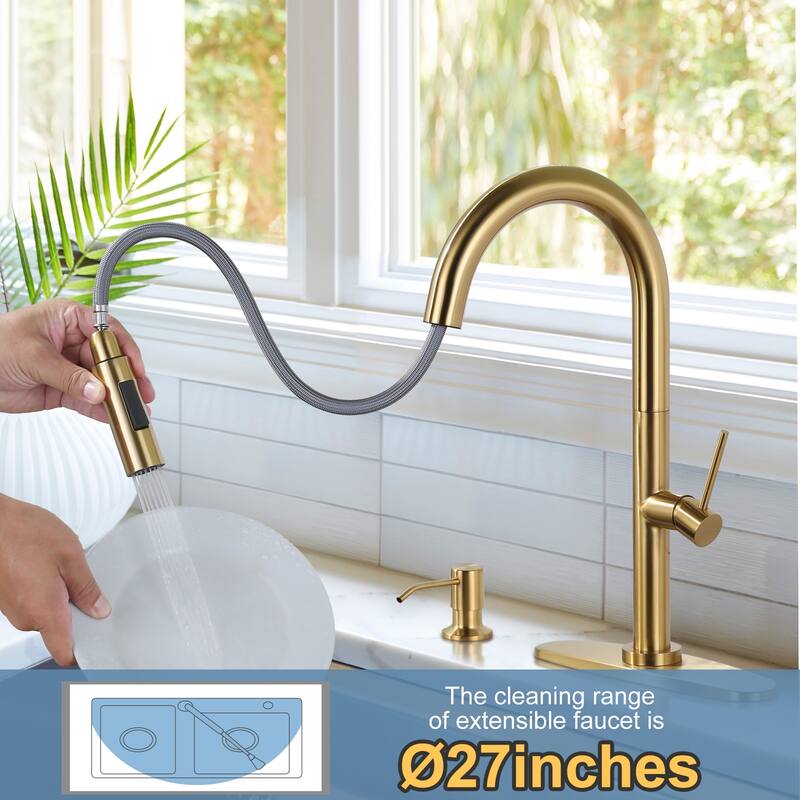 WOWOW Single Handle Pull Down Kitchen Faucet with Soap Dispenser