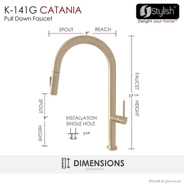 dimension image slide 3 of 4, Single Handle Pull-Down Sprayer Kitchen Faucet K-141 - Height: 17.25" Spout H: 9" Spout R: 9"